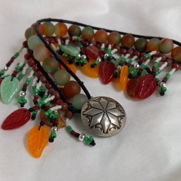 Woven Bracelet with Green and Orange Agate, Leaves on Fringe, Silver Button - Picture 8 of 8
